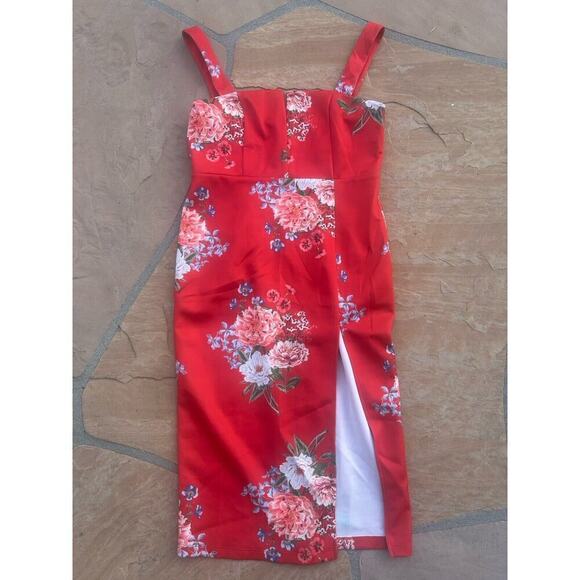 ASOS Red Floral Dress Sleeveless Slit In Front Thick Strap Sz 10 NWT - Picture 1 of 3